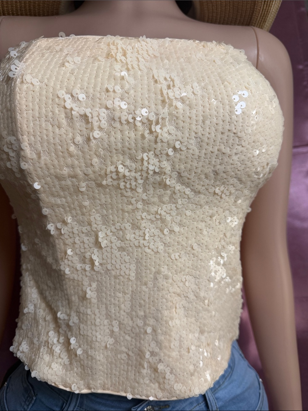 Strapless Cream Sequin Tube Top